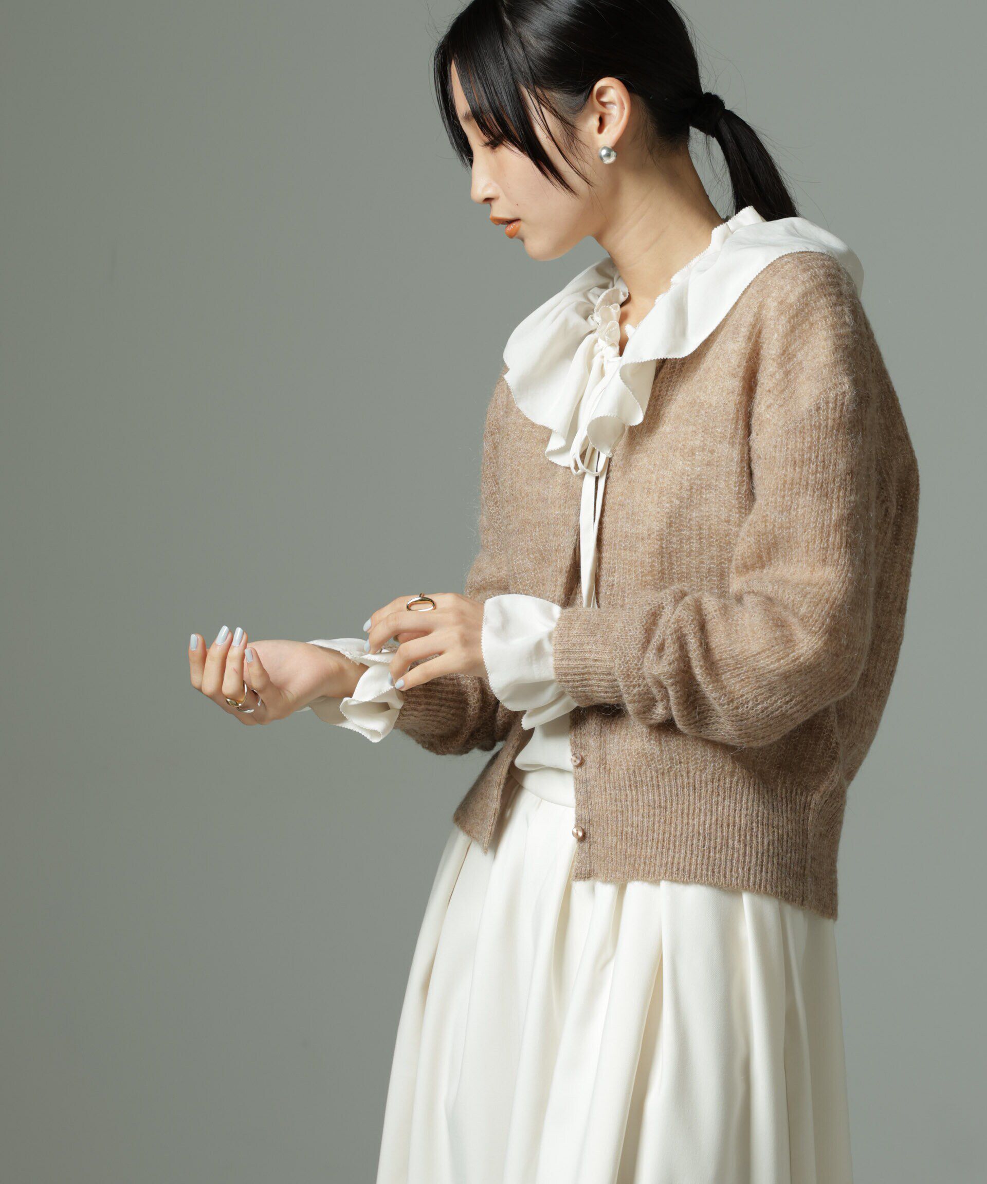 nano･universe「モヘヤ混クルーネックニットカーディガン(セットアップ可)」|ニット・セーター|ベージュ