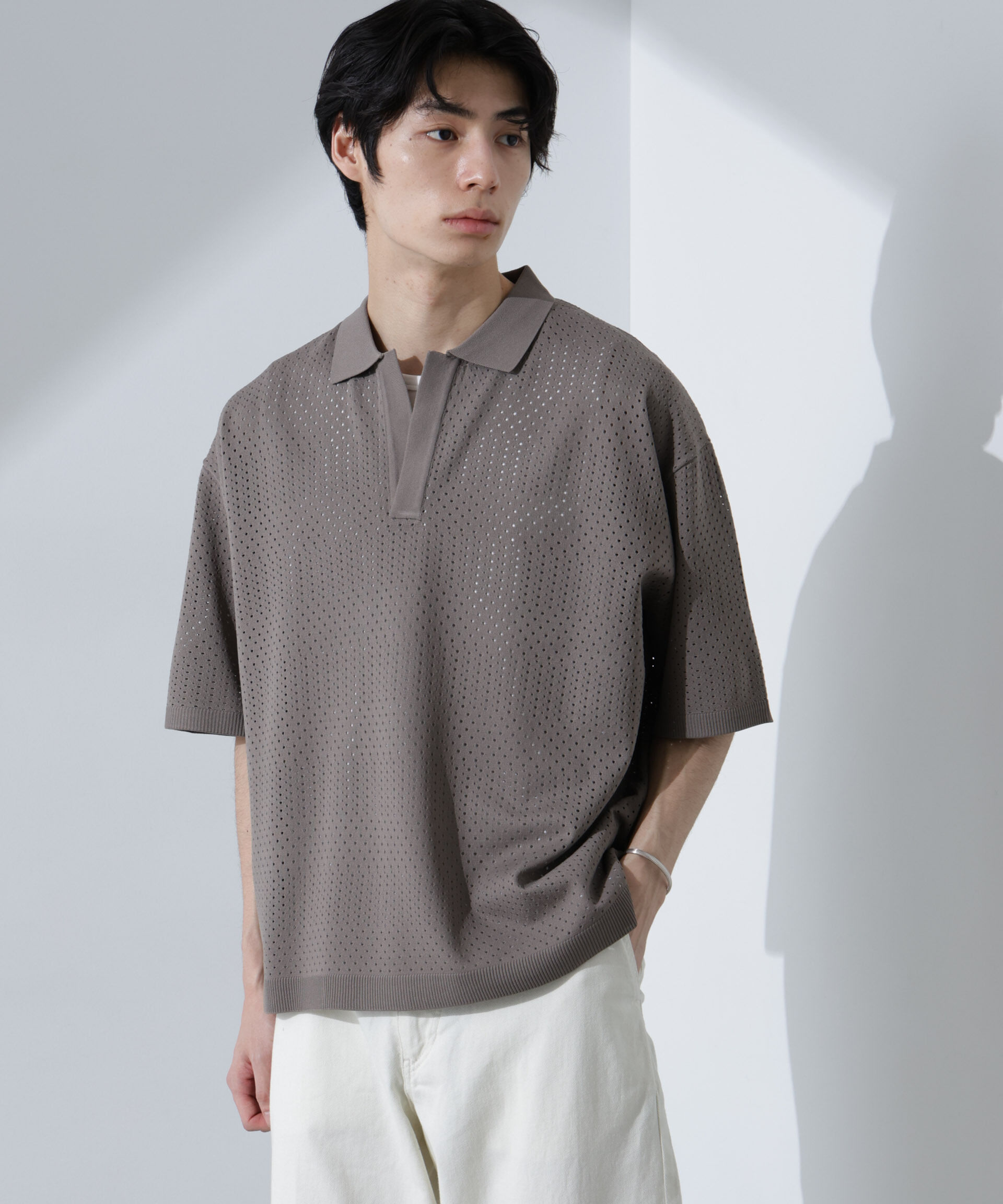 nano･universe「スキッパーテックニットポロシャツ/半袖」|ニット・セーター|グレージュ3