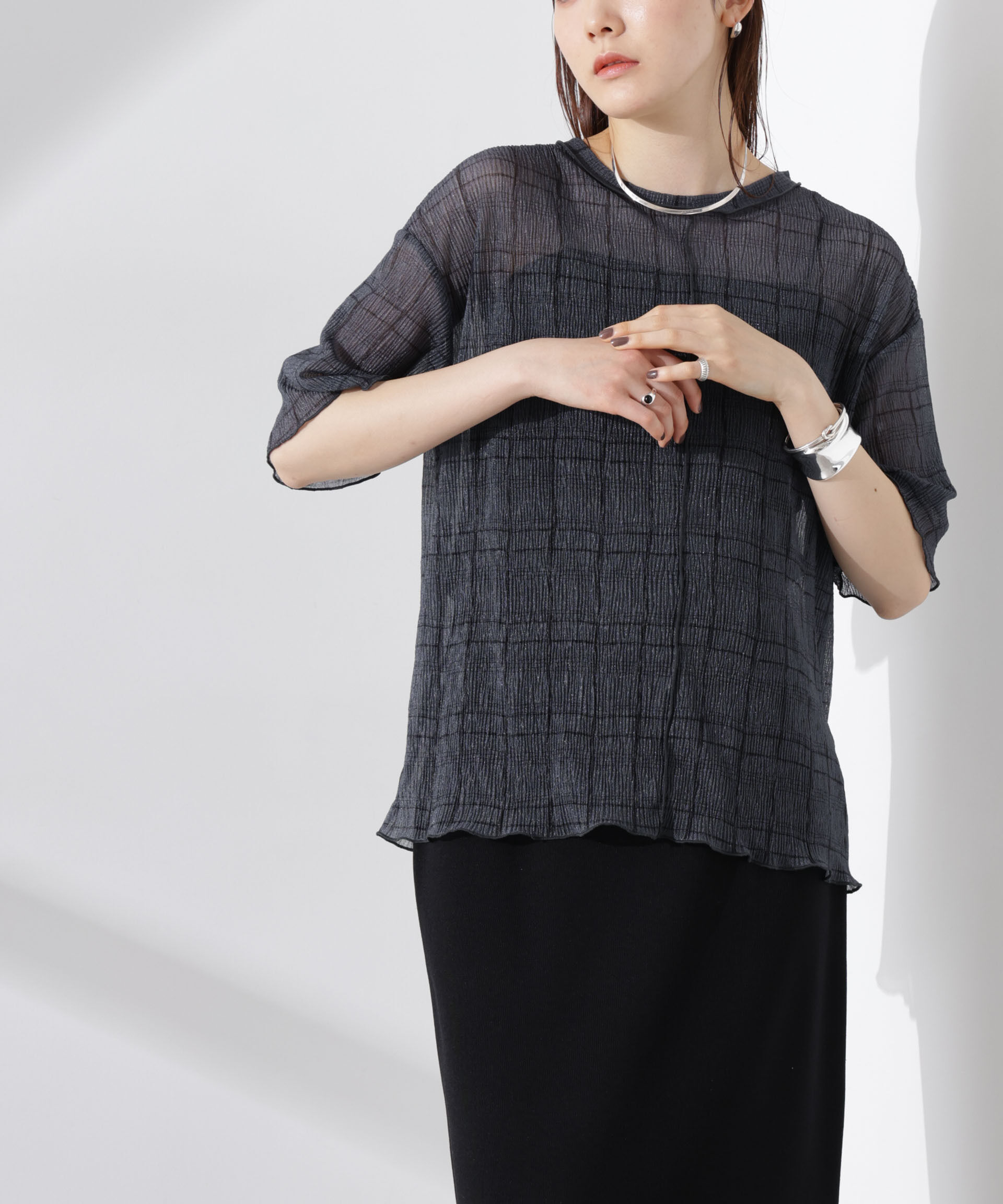 nano･universe「楊柳チェックシアーカットTシャツ」|Tシャツ・カットソー|