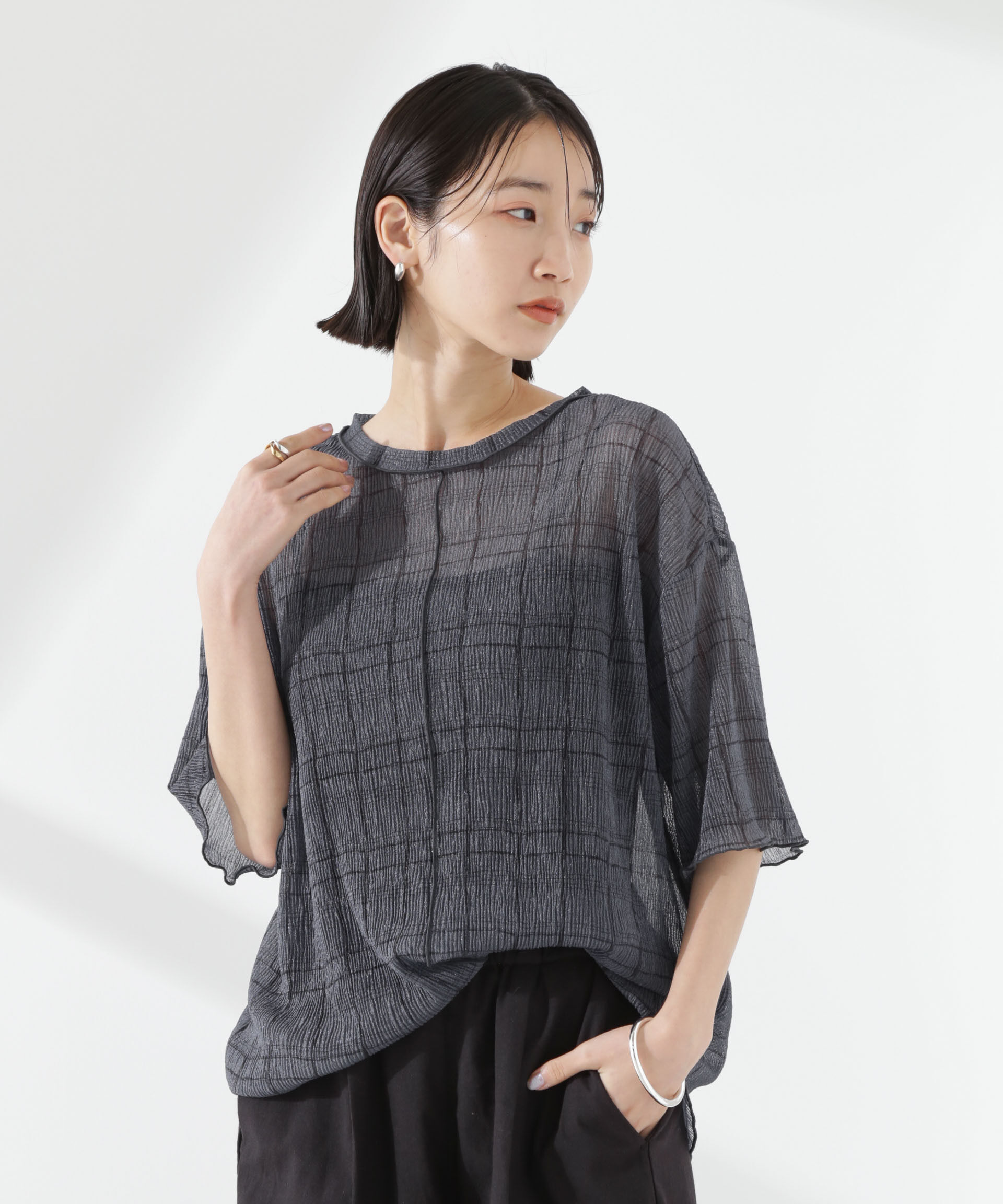 nano･universe「楊柳チェックシアーカットTシャツ」|Tシャツ・カットソー|