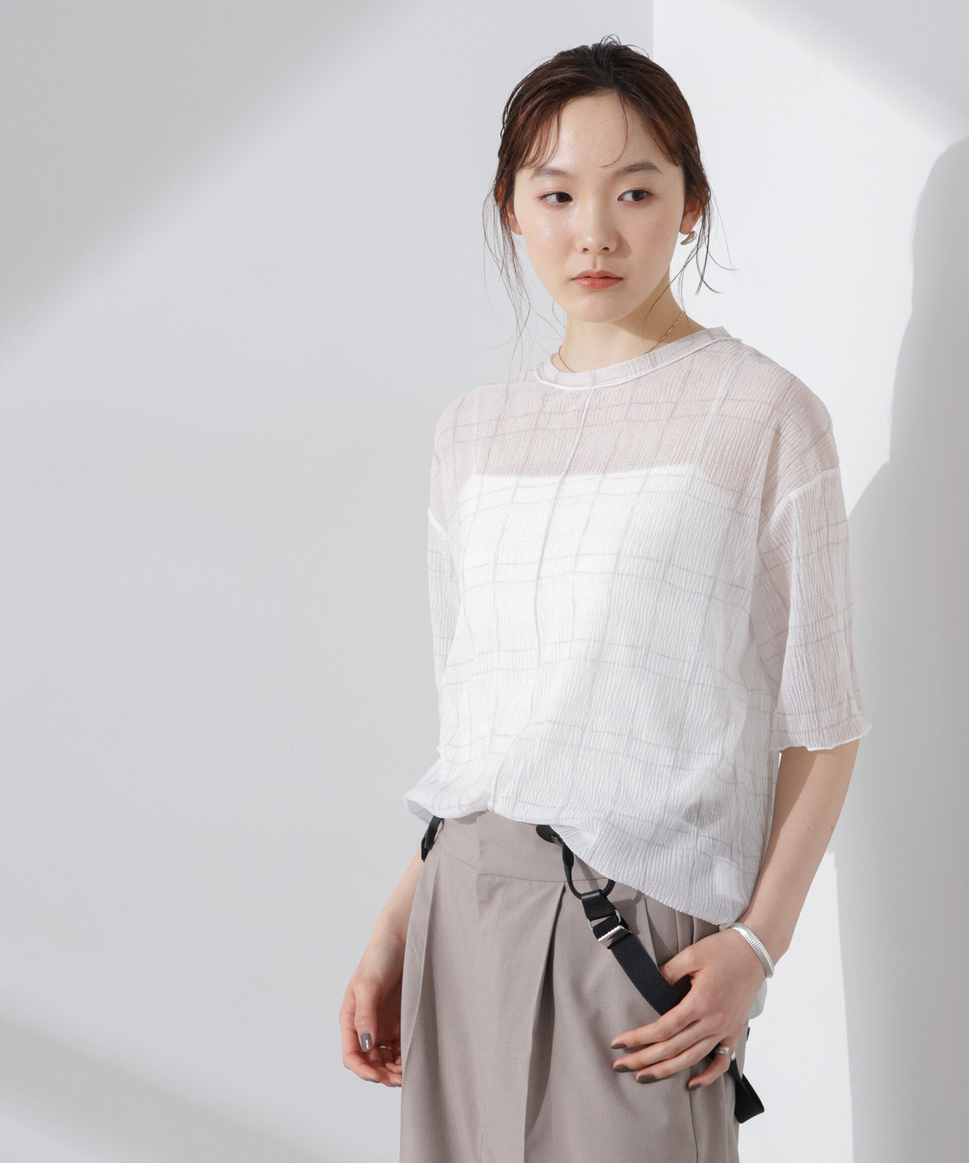 nano･universe「楊柳チェックシアーカットTシャツ」|Tシャツ・カットソー|ホワイト