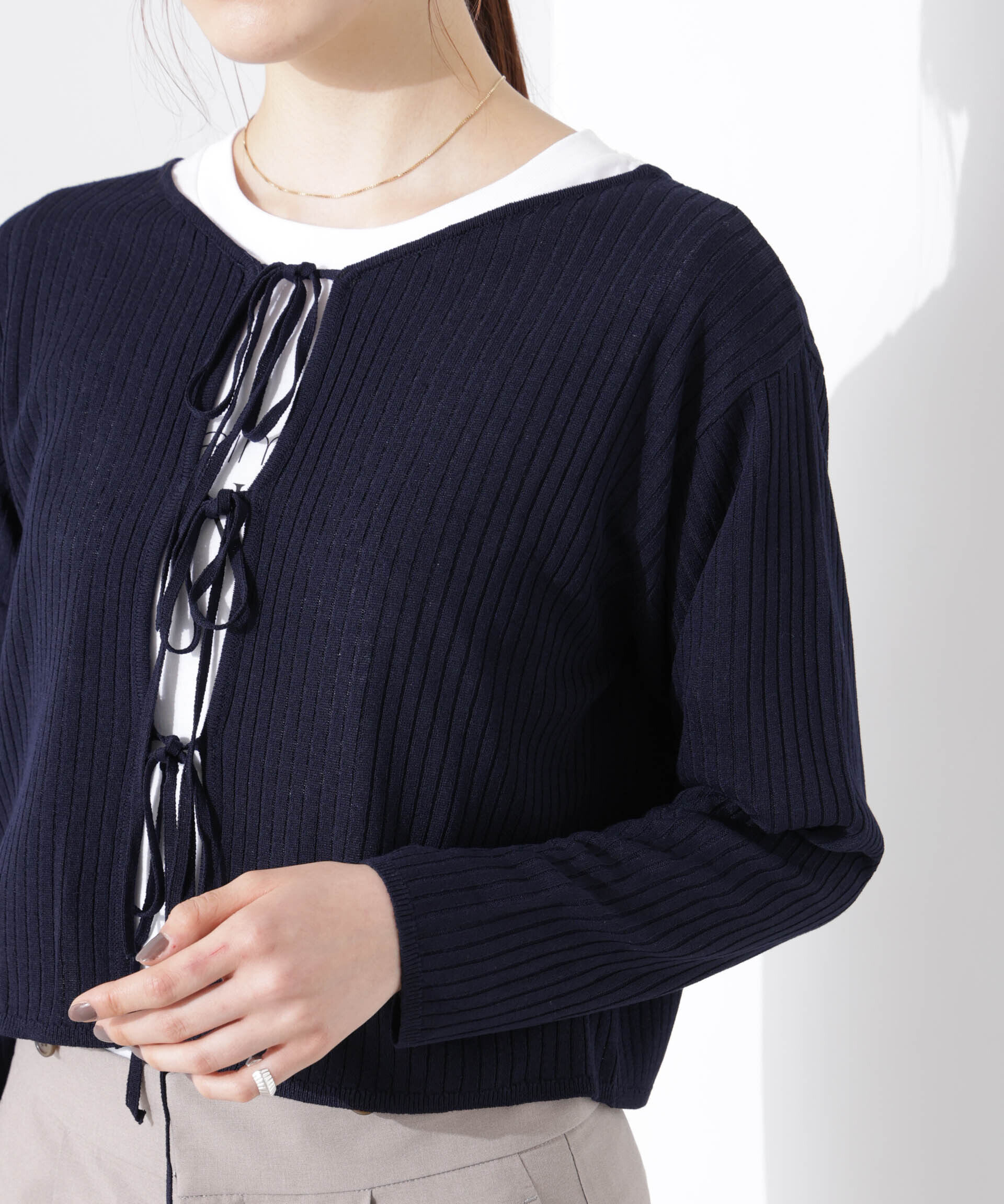 nano･universe「前後2wayリボン開きカーディガン」|ニット・セーター|