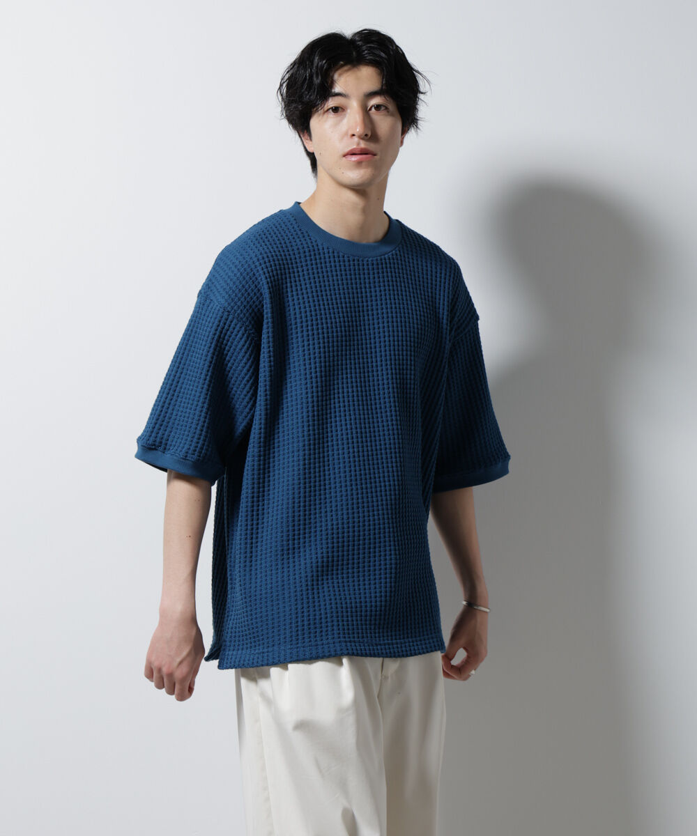 nano･universe「オニワッフルビッグTシャツ 五分袖」|Tシャツ・カットソー|ブルー