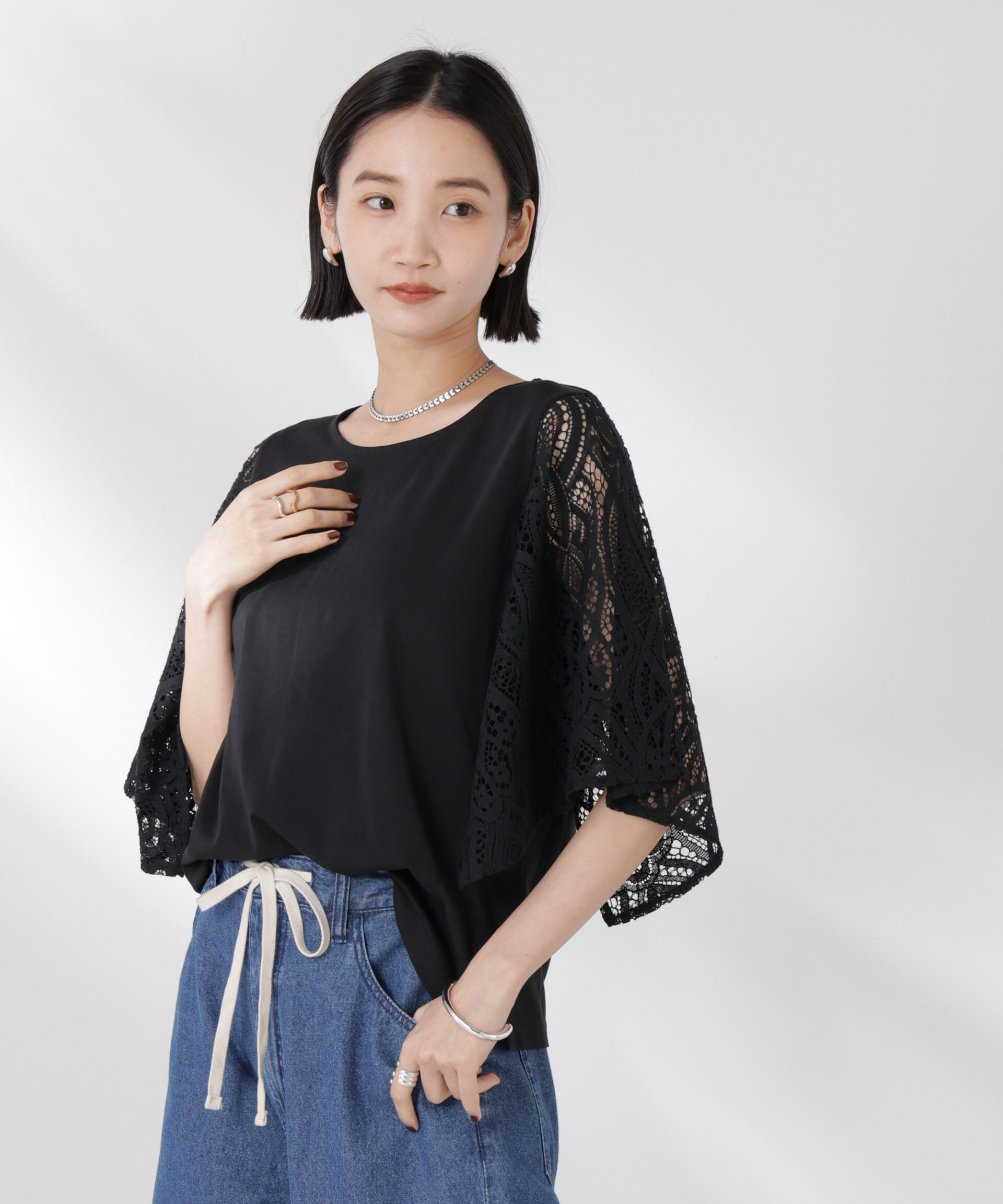 nano･universe「レーススクエアスリーブカットトップス」|Tシャツ・カットソー|