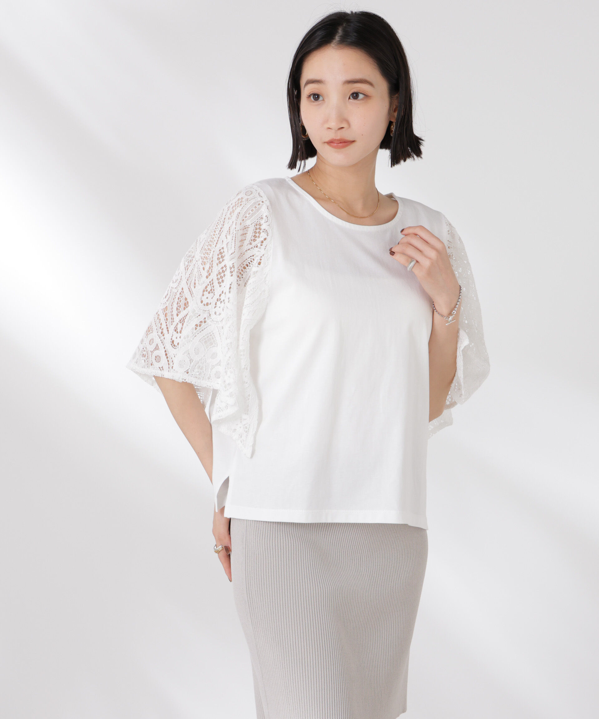 nano･universe「レーススクエアスリーブカットトップス」|Tシャツ・カットソー|