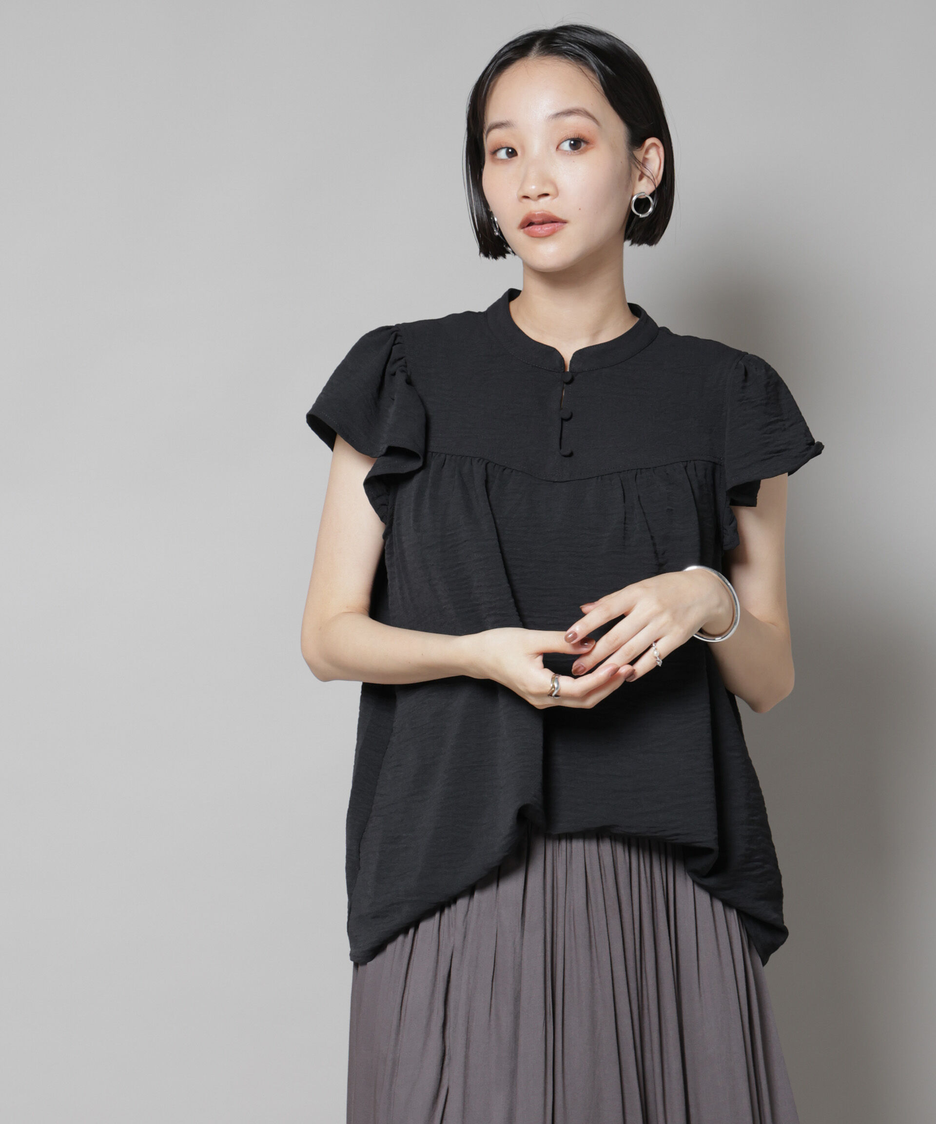 nano･universe「フリルスリーブブラウス(セットアップ可)」|シャツ・ブラウス|ブラック