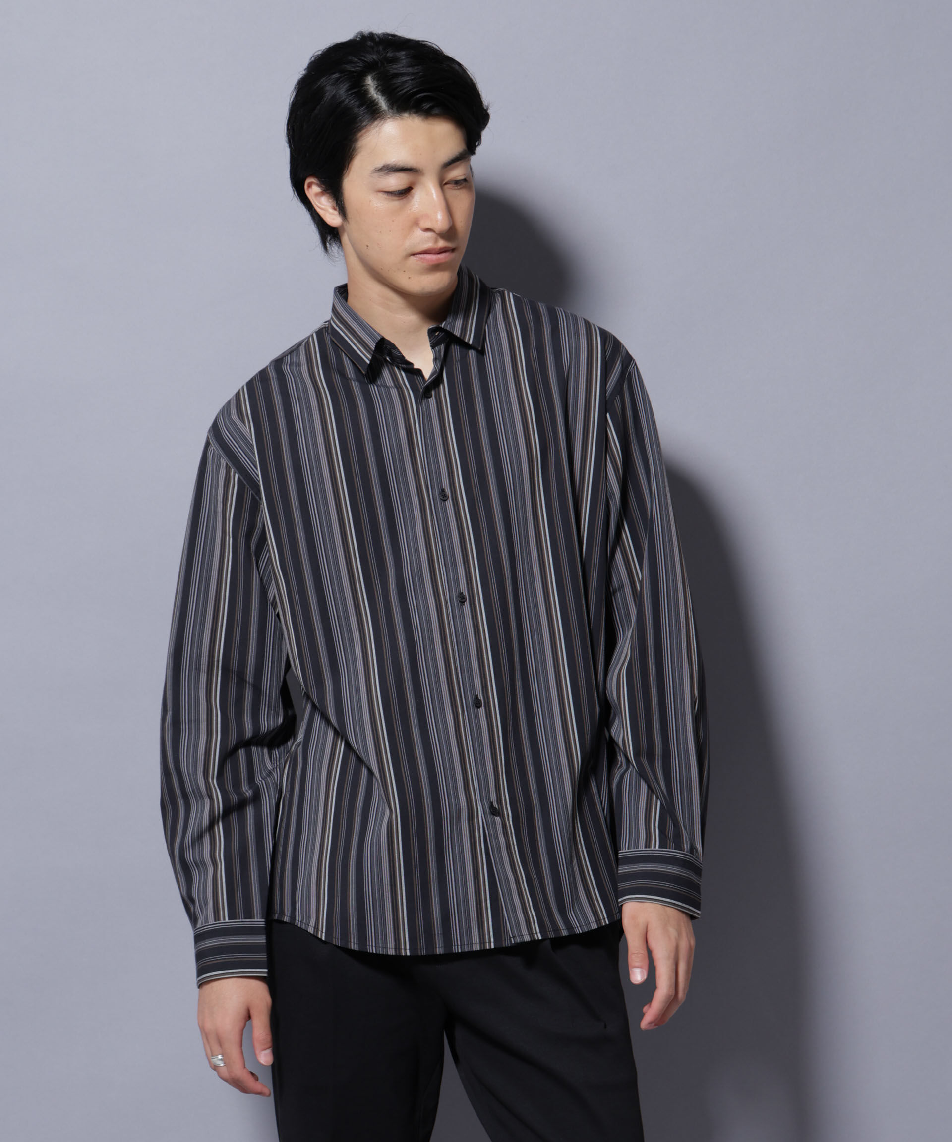 nano･universe「ランダムストライプシャツ 長袖」|シャツ・ブラウス|ブラック