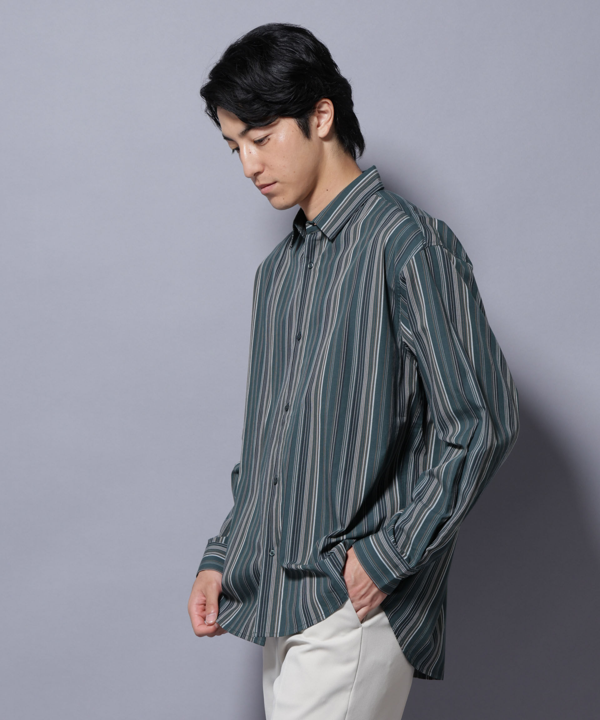 nano･universe「ランダムストライプシャツ 長袖」|シャツ・ブラウス|D.グリーン1