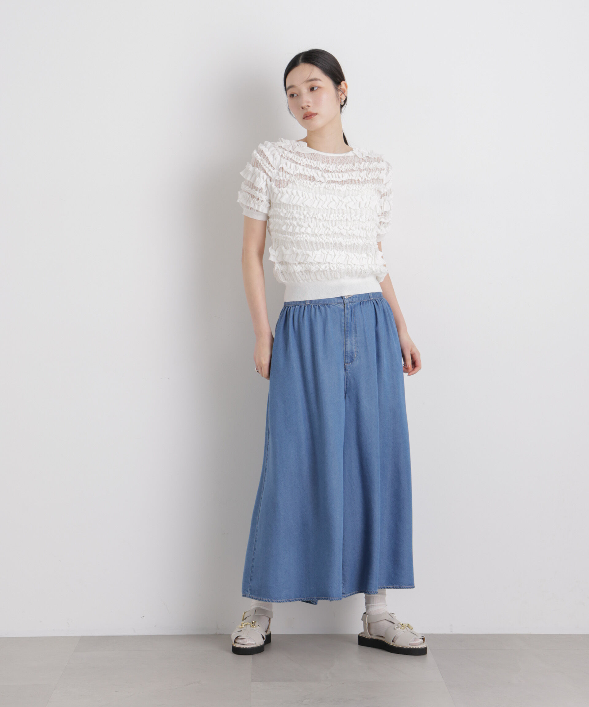 nano･universe「フリルシャーリングコンパクトニット」|ニット・セーター|