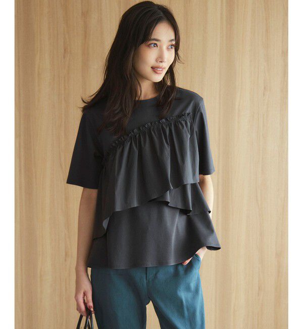 23区「【汗じみ防止/洗える】ランダムフリルジャージー ドッキング カットソー」|Tシャツ・カットソー|グレー系