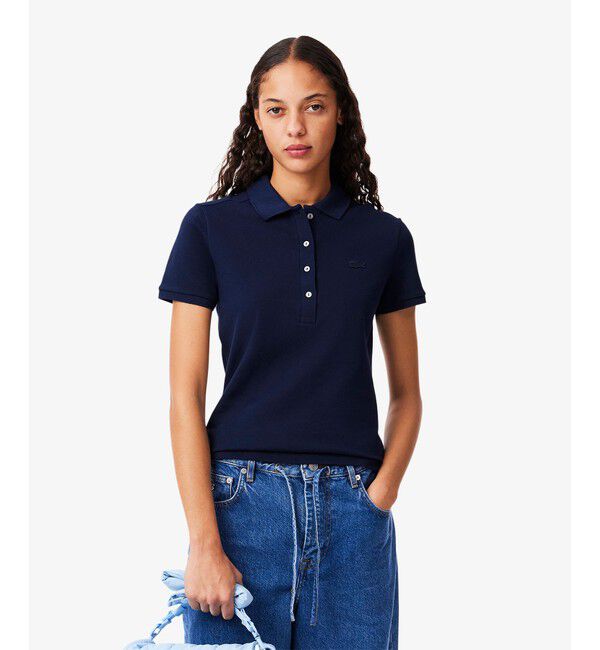 LACOSTE「スリムフィット ストレッチコットンピケポロシャツ（半袖）」|ポロシャツ|ネイビー