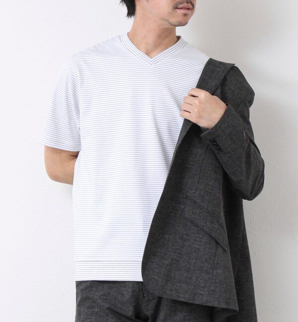 NOLLEY'S goodman「《ビジカジ対応》セミシルケットスムース ボーダー Vネック ドレスTシャツ 25SS」|Tシャツ・カットソー|ホワイト系その他