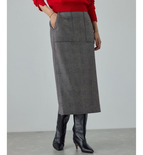 ROPE「[美人スカート]ウールレーヨンポケット付きタイトスカート(ヘリンボーン/グレンチェック)/セットアップ対応」|スカート|ブラック系(04)