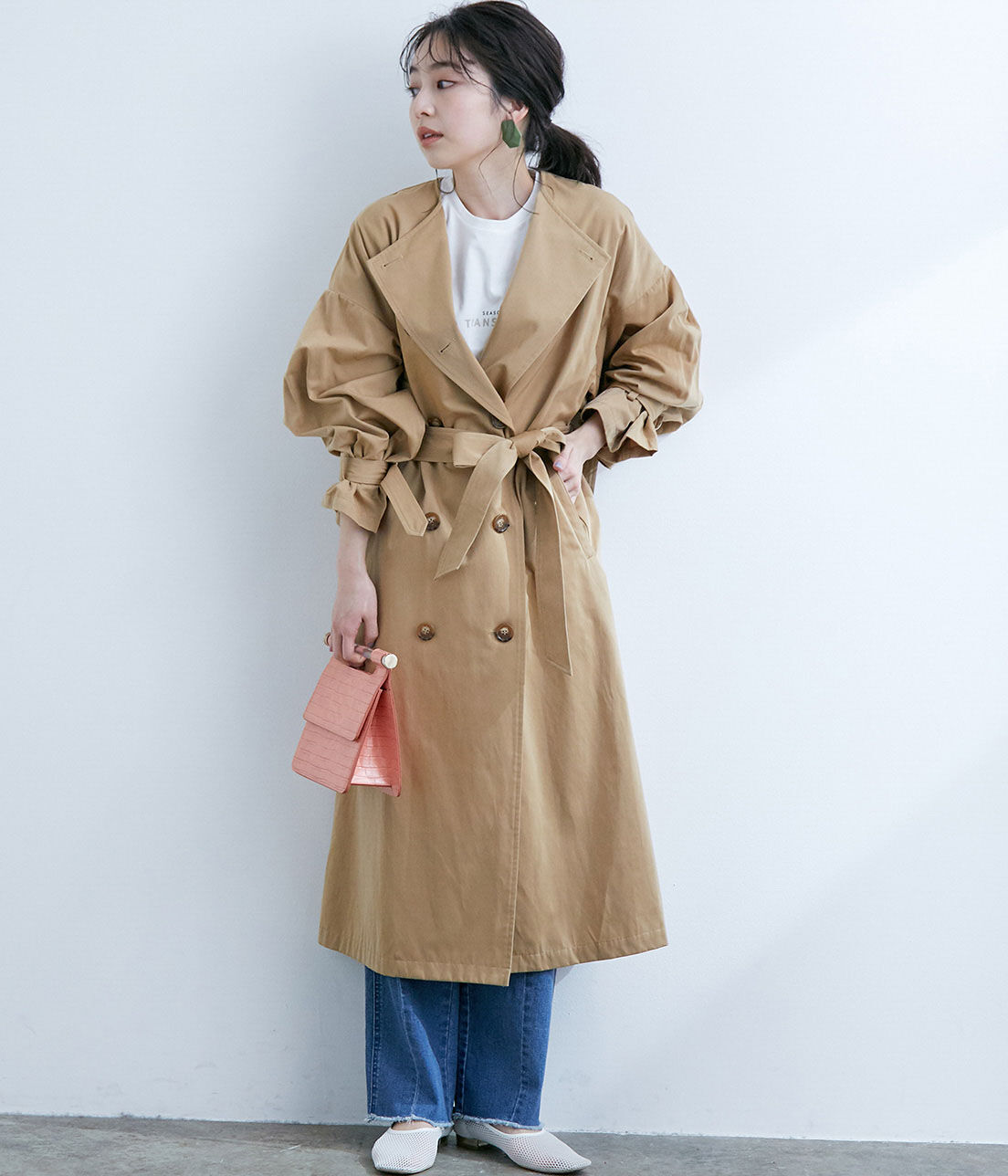 VIS「【撥水】【花粉ガード】ノーカラー袖ボリュームコート」|トレンチコート|