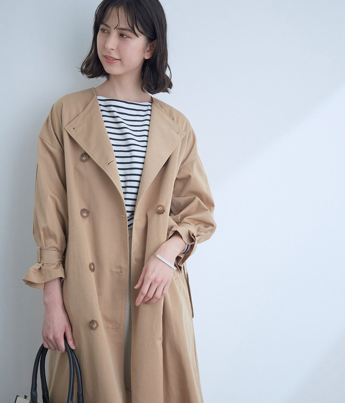 VIS「【撥水】【花粉ガード】ノーカラー袖ボリュームコート」|トレンチコート|