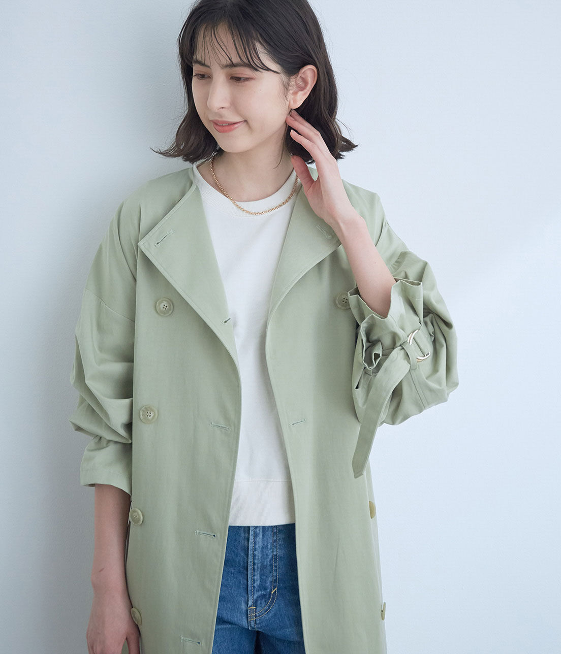 VIS「【撥水】【花粉ガード】ノーカラー袖ボリュームコート」|トレンチコート|