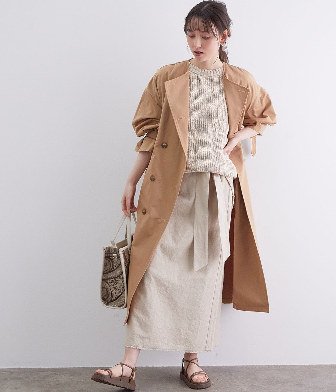 VIS「【撥水】【花粉ガード】ノーカラー袖ボリュームコート」|トレンチコート|