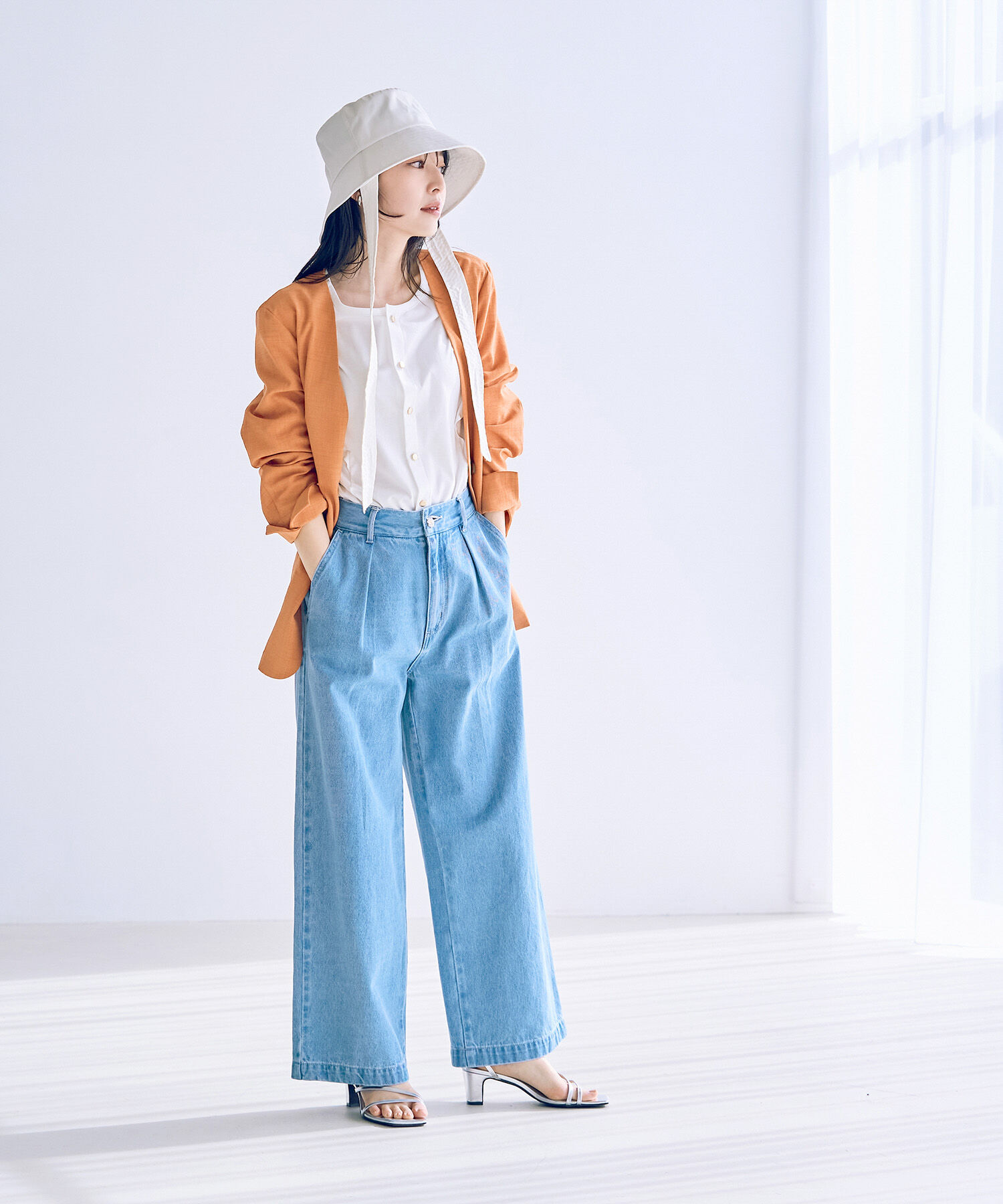 VIS「【洗える・接触冷感】美easyノーカラーVネックジャケット【セットアップ対応】」|ノーカラージャケット|