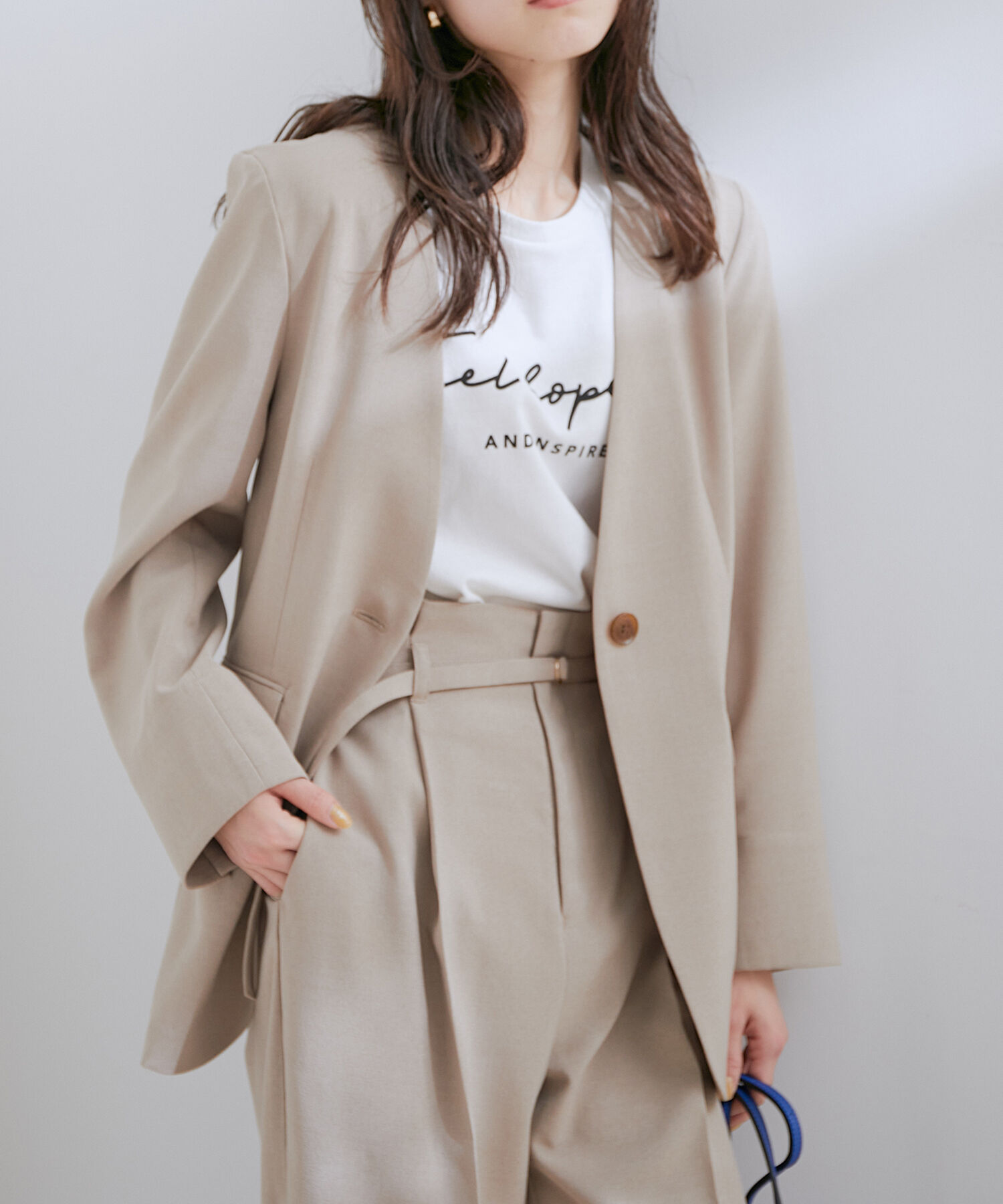 VIS「【洗える・接触冷感】美easyノーカラーVネックジャケット【セットアップ対応】」|ノーカラージャケット|