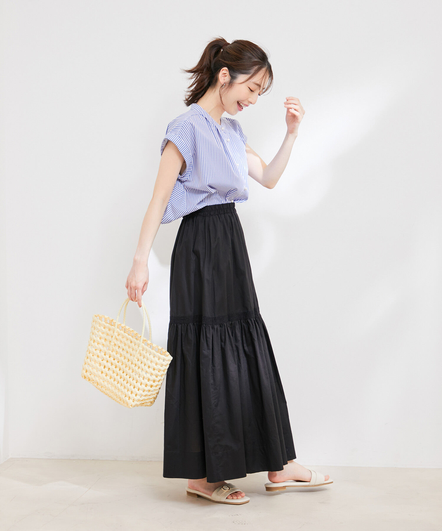 VIS「【洗える】コットンレース切替ギャザースカート」|スカート|