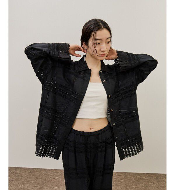 ADAM ET ROPE'「【一部WEB限定カラー】エンブロイダリーコンビシャツ」|シャツ・ブラウス|ブラック(01)