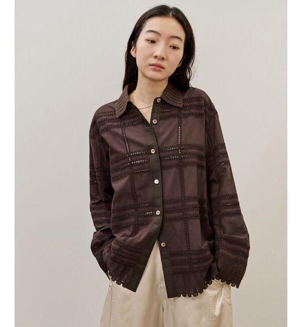 ADAM ET ROPE'「【一部WEB限定カラー】エンブロイダリーコンビシャツ」|シャツ・ブラウス|ブラウン(20)