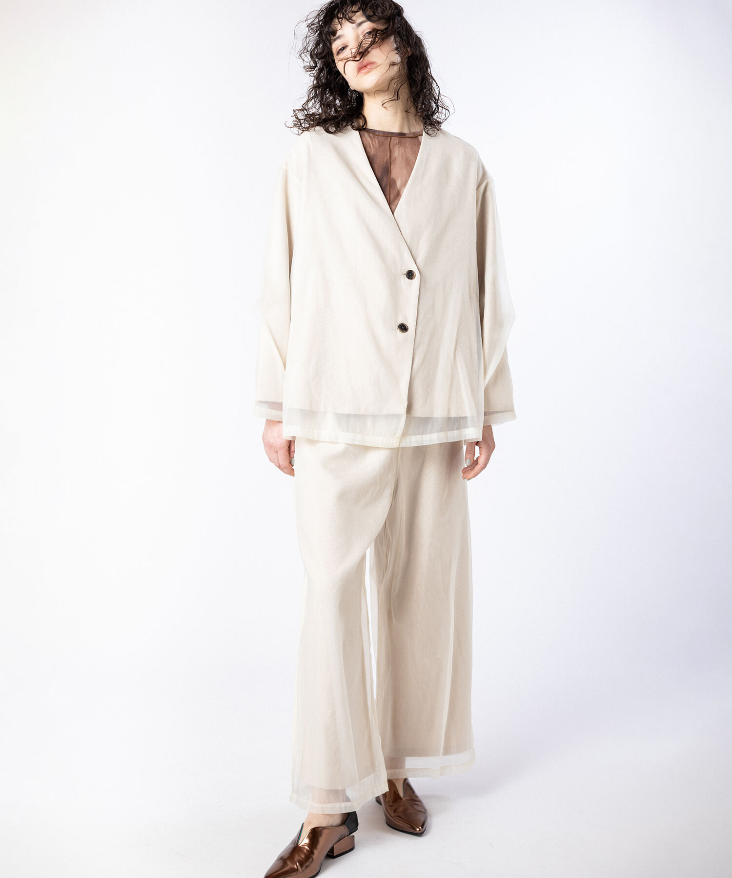  「シアーレイヤードジャケット」|ノーカラージャケット|