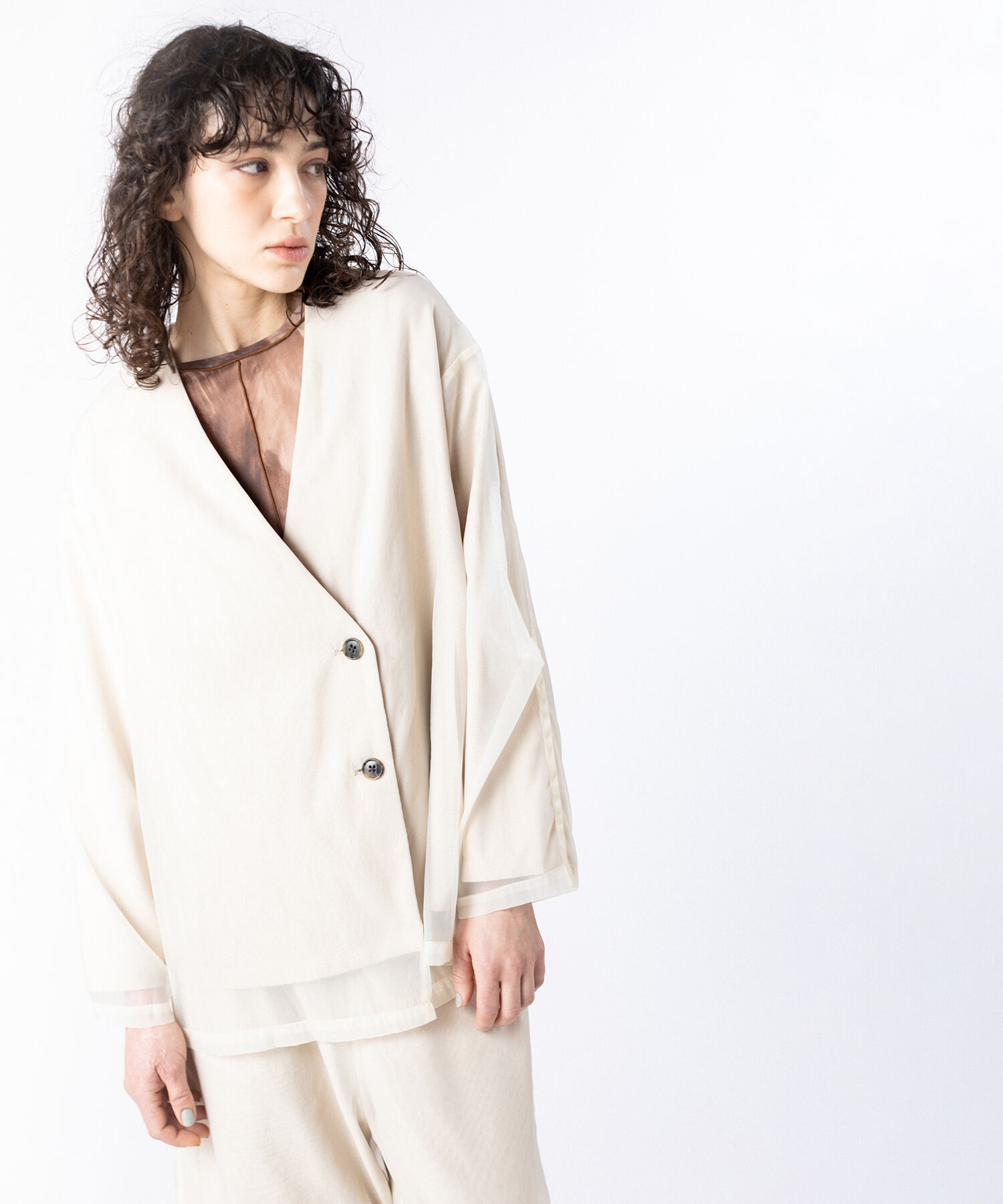  「シアーレイヤードジャケット」|ノーカラージャケット|