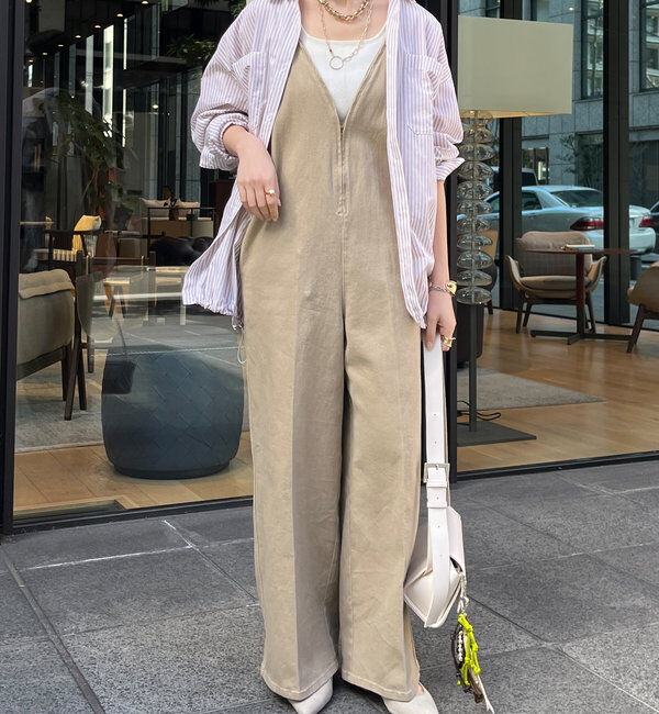  「細紐デニムフロントジップサロペット」|ワンピース|