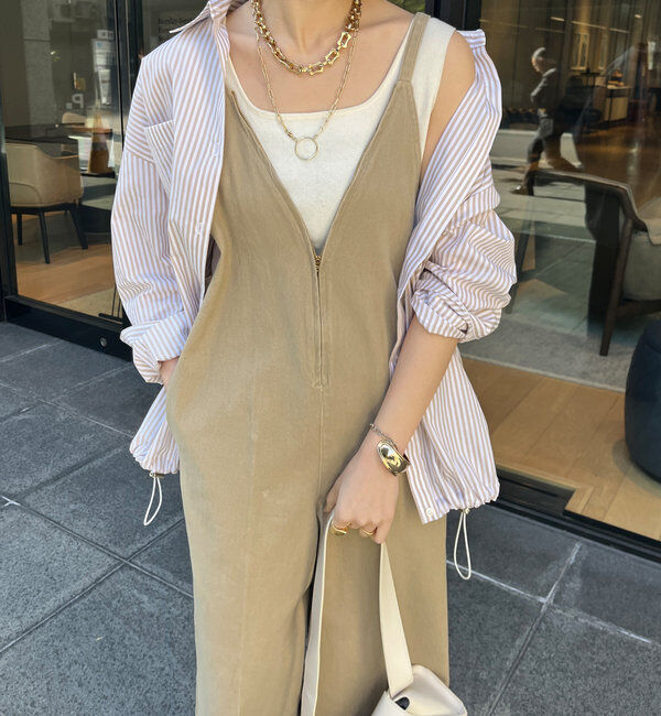  「細紐デニムフロントジップサロペット」|ワンピース|