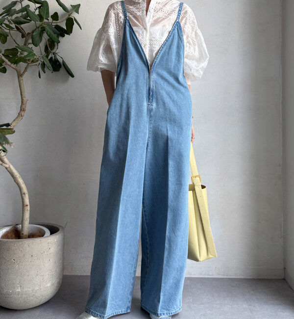  「細紐デニムフロントジップサロペット」|ワンピース|