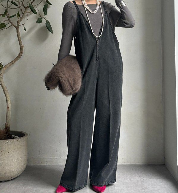  「細紐デニムフロントジップサロペット」|ワンピース|