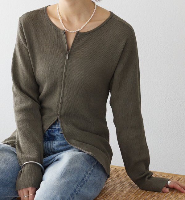  「【抜け感】ZIPリブニットカーディガン」|カーディガン|カーキ