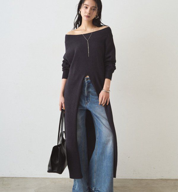  「ハイスリットニットワンピース」|ワンピース|ネイビー