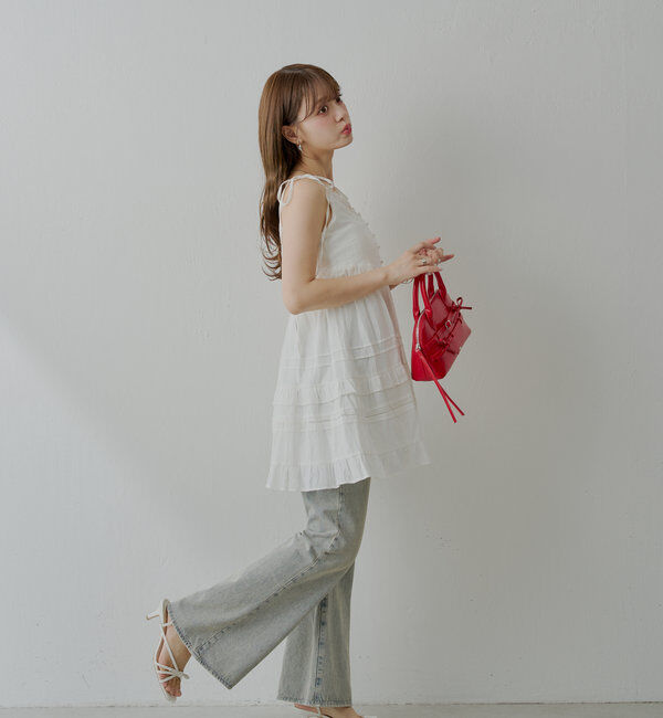  「【WEB限定追加】肩リボンコットンレースフリルキャミミニワンピ」|ワンピース|