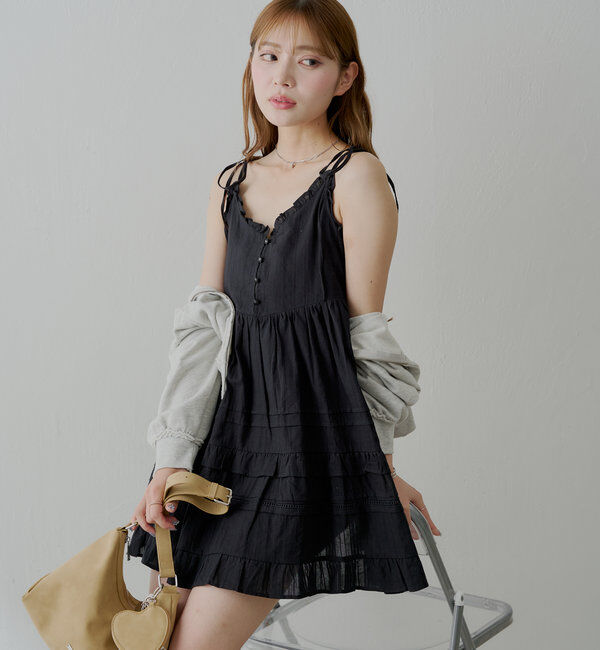  「【WEB限定追加】肩リボンコットンレースフリルキャミミニワンピ」|ワンピース|