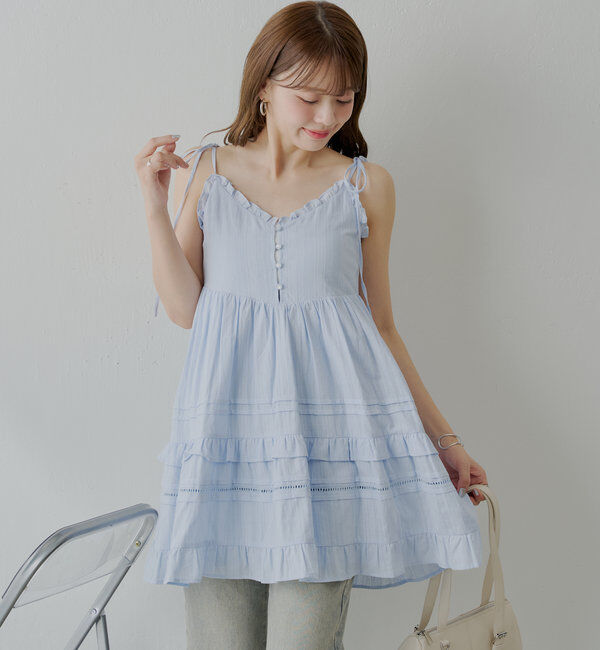  「【WEB限定追加】肩リボンコットンレースフリルキャミミニワンピ」|ワンピース|