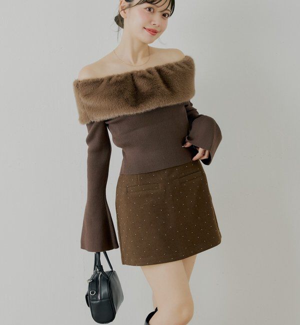  「ラインストーン台形タイトミニスカート」|スカート|ブラウン