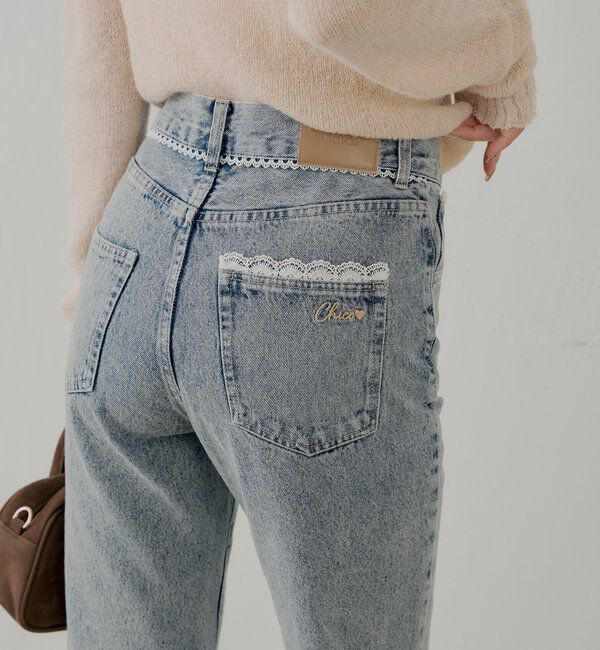  「【新色追加】レースデザインフレアデニム」|デニム|