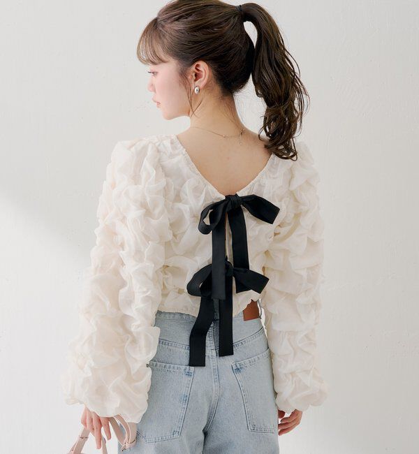  「【SALON by Chico】前後2wayフロントリボンポコポコブラウス」|シャツ・ブラウス|ホワイト