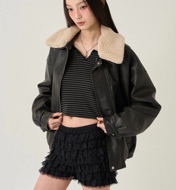  「3way ヴィンテージライクレザーボアブルゾン」|ブルゾン・スタジャン|ブラック