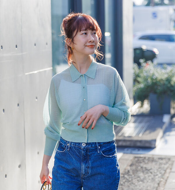 Rouge vif「【セットアップ対応】シアー格子リブニットカーディガン」|カーディガン|