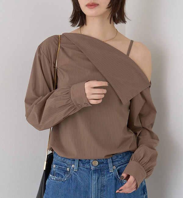 Rouge vif「【新色登場】【一部店舗限定】アシメオフショルブラウス ストライプ」|シャツ・ブラウス|ストライプ