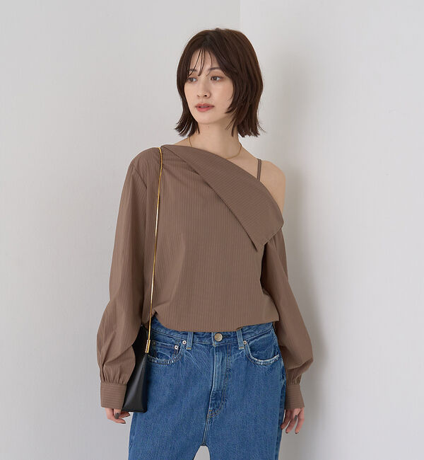 Rouge vif「【新色登場】【一部店舗限定】アシメオフショルブラウス ストライプ」|シャツ・ブラウス|