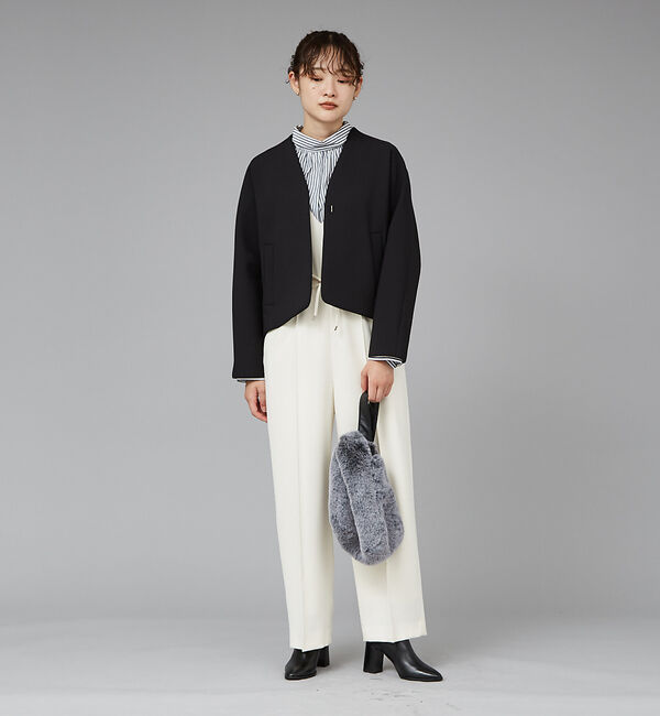 qualite「ボンディングショートコート」|ノーカラーコート|