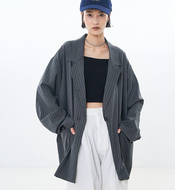 NOMINE「ストライプワイドジャケット」|テーラードジャケット|チャコールグレー