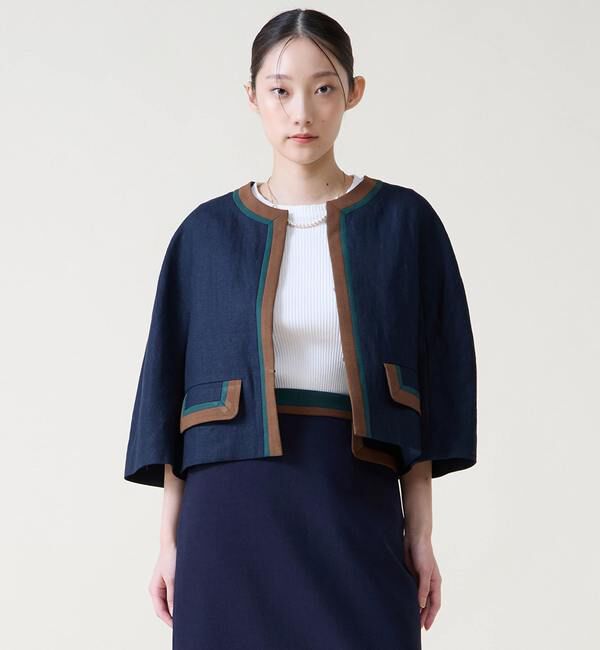 TIARA「カラーブロックジャケット」|ノーカラージャケット|ネイビー