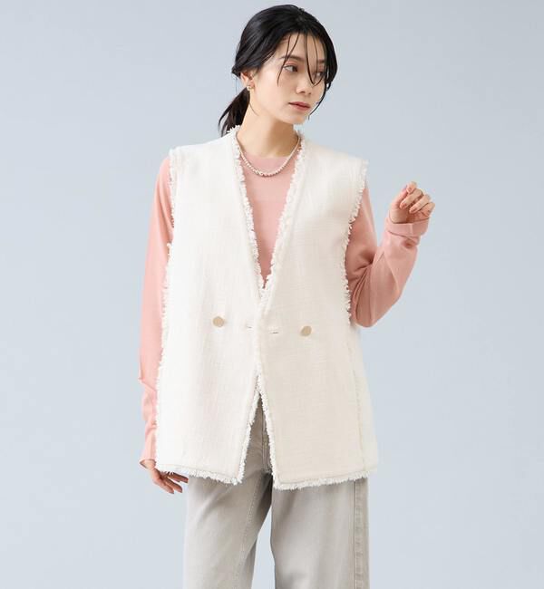 Liesse「スラブツイードフリンジジレ」|ベスト・ジレ|アイボリー