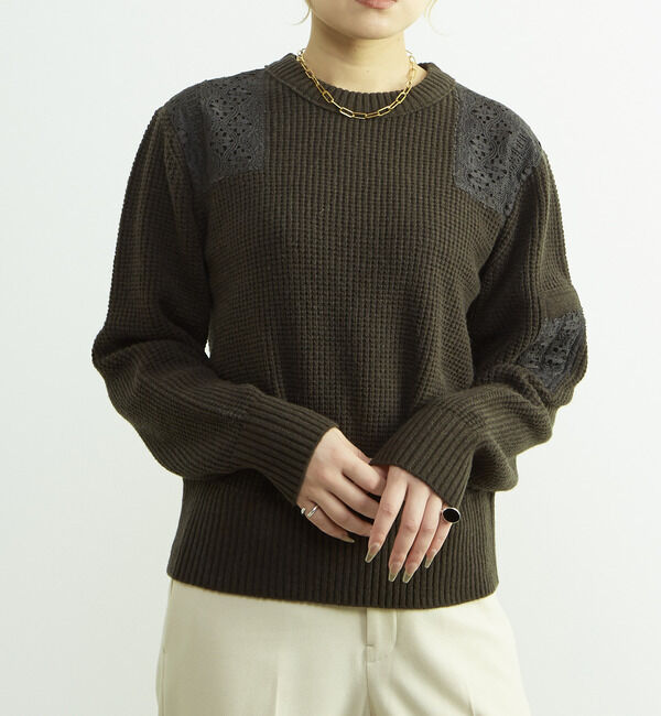 SOFFITTO「レースパッチ付きワッフルニット」|ニット・セーター|