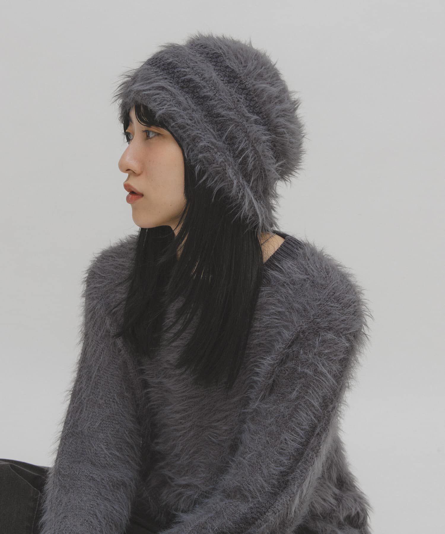  「ラインデザインシャギーニットビーニー」|ニット帽|